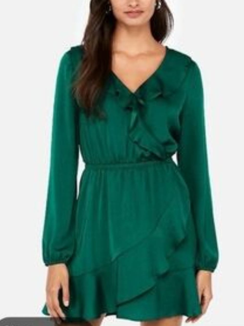Express Green Ruffle V-Neck Long-Sleeve Dress